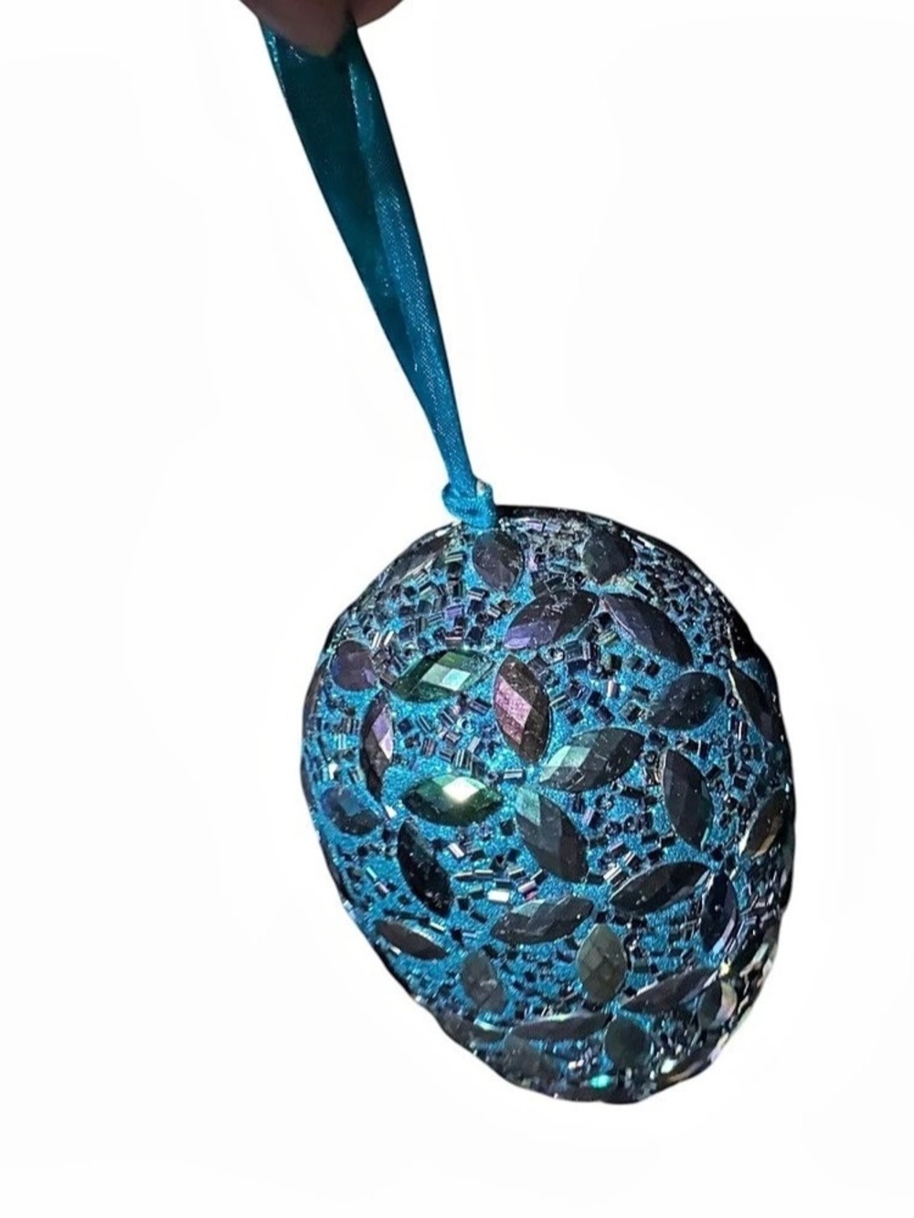 Glass egg Christmas ornament encased in AB fauceted gems/seed beads oil-slick 4”